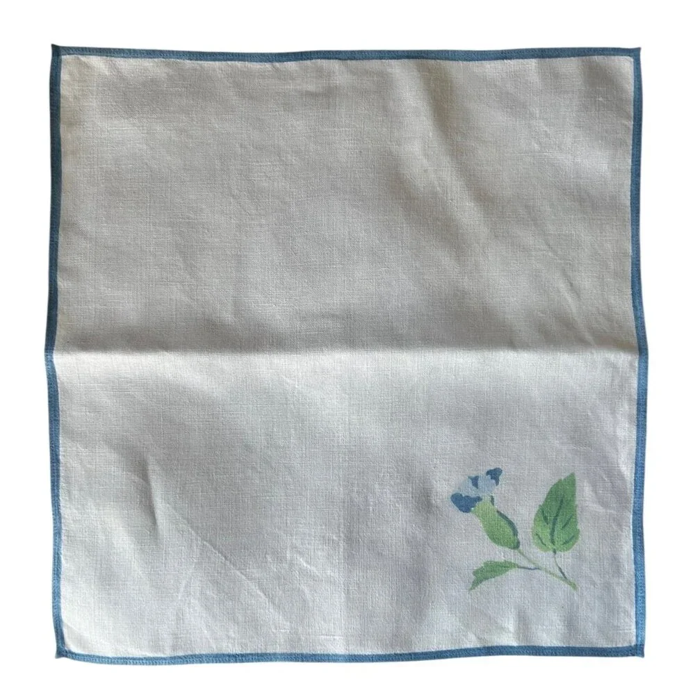 Vintage Morning Glory Linen Napkins Set Of 4 Blue & Green On White 13.75” x 14”